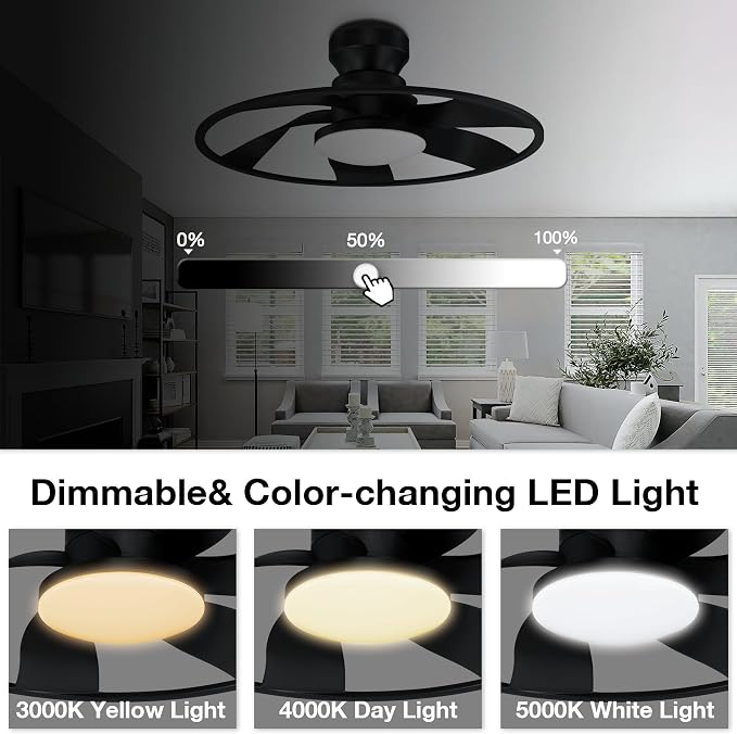 22” Smart Low Profile Ceiling Fans with Lights Remote,Quiet DC Motor,Bladeless Flush Mount Ceiling Fan Controlled by WiFi