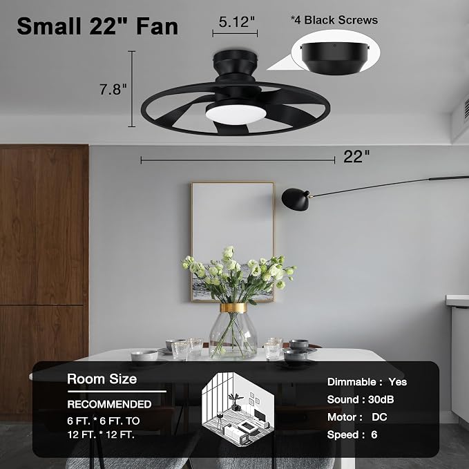 22” Smart Low Profile Ceiling Fans with Lights Remote,Quiet DC Motor,Bladeless Flush Mount Ceiling Fan Controlled by WiFi