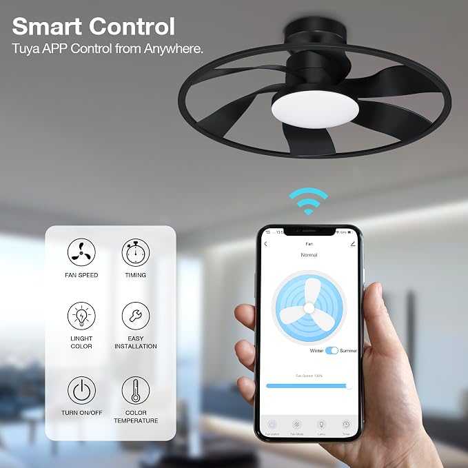 22” Smart Low Profile Ceiling Fans with Lights Remote,Quiet DC Motor,Bladeless Flush Mount Ceiling Fan Controlled by WiFi