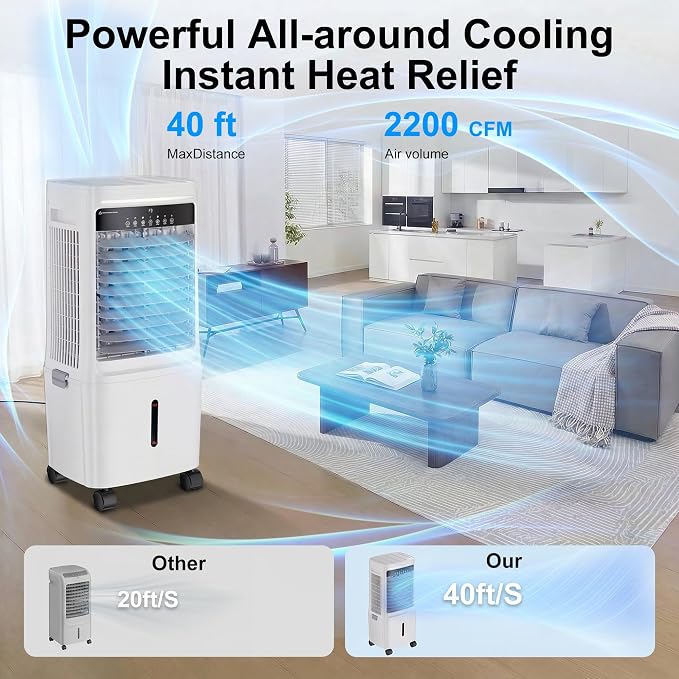 2200CFM Swamp Cooler Air Conditioner, Evaporative Air Cooler with 7 Gal Water Tank,4 Ice Packs,Windowless Portable Air Cooler