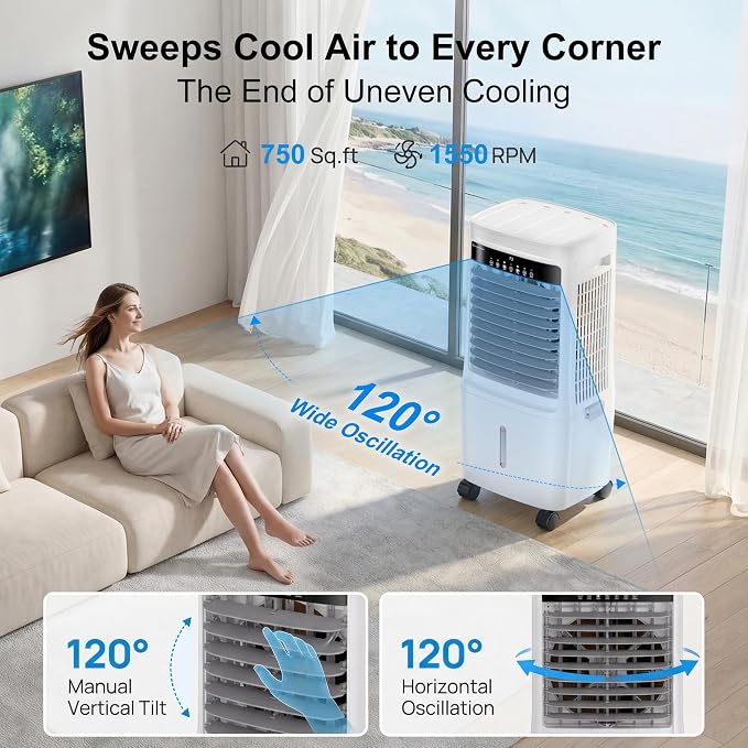 2200CFM Swamp Cooler Air Conditioner, Evaporative Air Cooler with 7 Gal Water Tank,4 Ice Packs,Windowless Portable Air Cooler