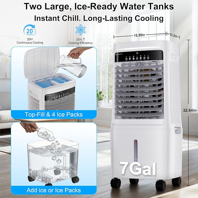 2200CFM Swamp Cooler Air Conditioner, Evaporative Air Cooler with 7 Gal Water Tank,4 Ice Packs,Windowless Portable Air Cooler