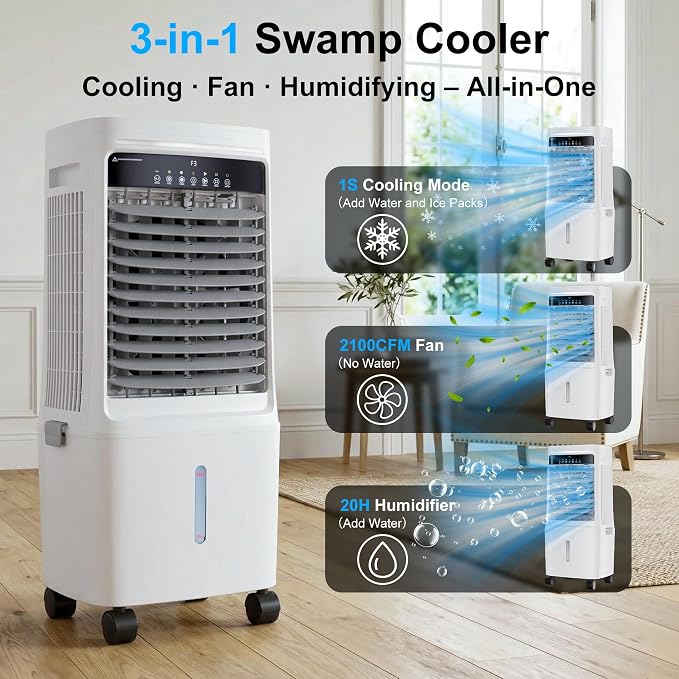2200CFM Swamp Cooler Air Conditioner, Evaporative Air Cooler with 7 Gal Water Tank,4 Ice Packs,Windowless Portable Air Cooler