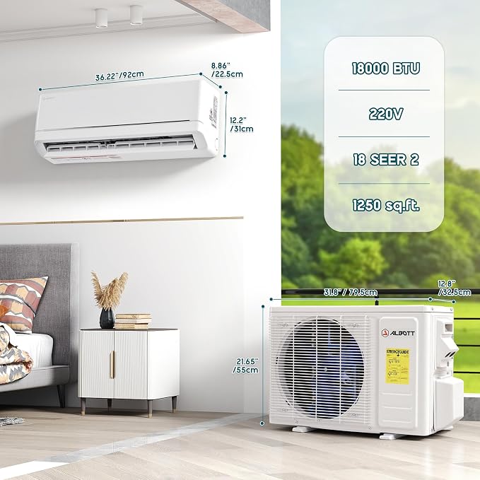 220V Mini Split Air Conditioner with Heat Pump,Wifi Enabled 18000BTU Ductless Split Ac with Self-Cleaning, SEER2 18, Ductless