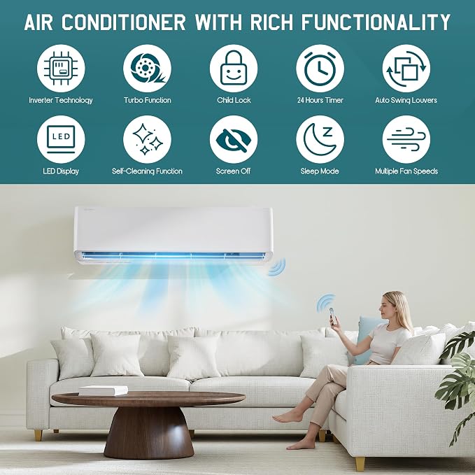 220V Mini Split Air Conditioner with Heat Pump,Wifi Enabled 36000BTU Ductless Split Ac with Self-Cleaning, SEER2 18, Ductless