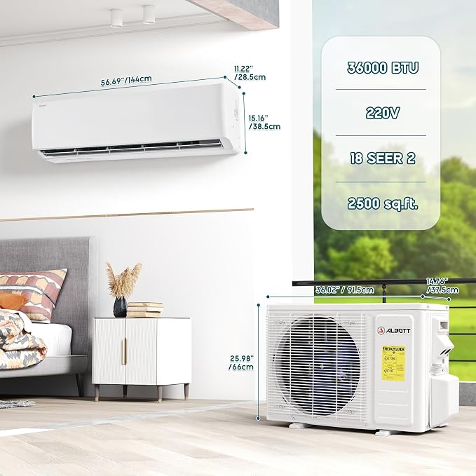 220V Mini Split Air Conditioner with Heat Pump,Wifi Enabled 36000BTU Ductless Split Ac with Self-Cleaning, SEER2 18, Ductless