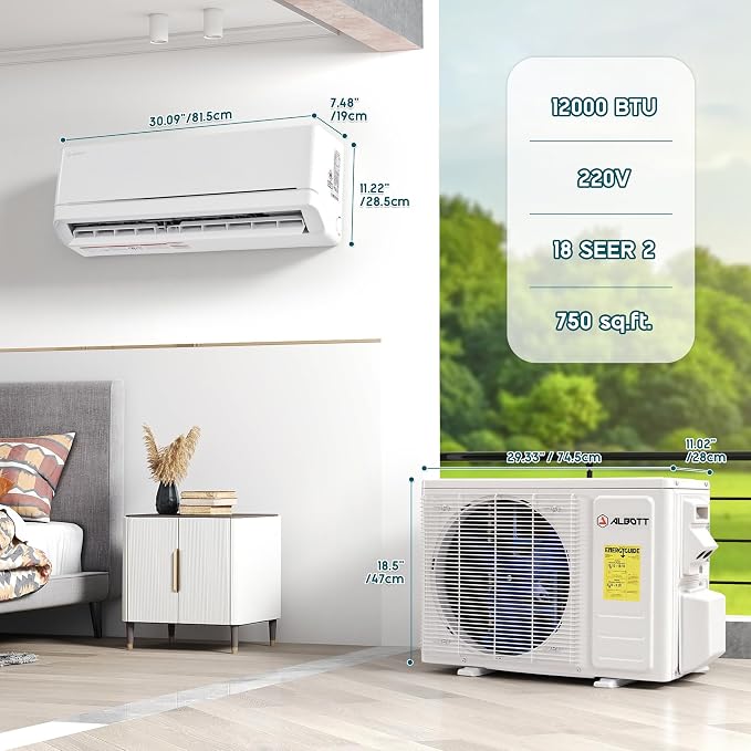 220V Mini Split Air Conditioner with Heat Pump, Wifi Enabled 12000BTU Ductless Split Ac with Self-Cleaning, SEER2 18