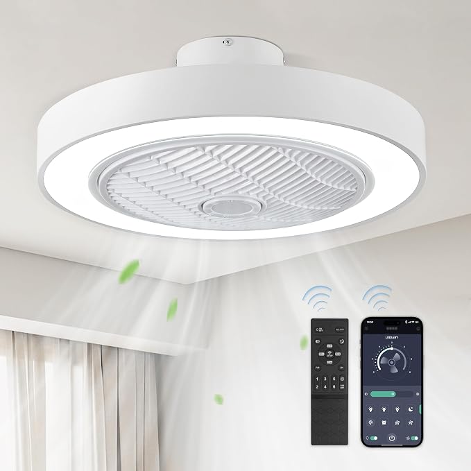22in Enclosed Ceiling Fan with Light and Remote, White Modern Bladeless Ceiling Fan with Bright Light, Led Flush Mount
