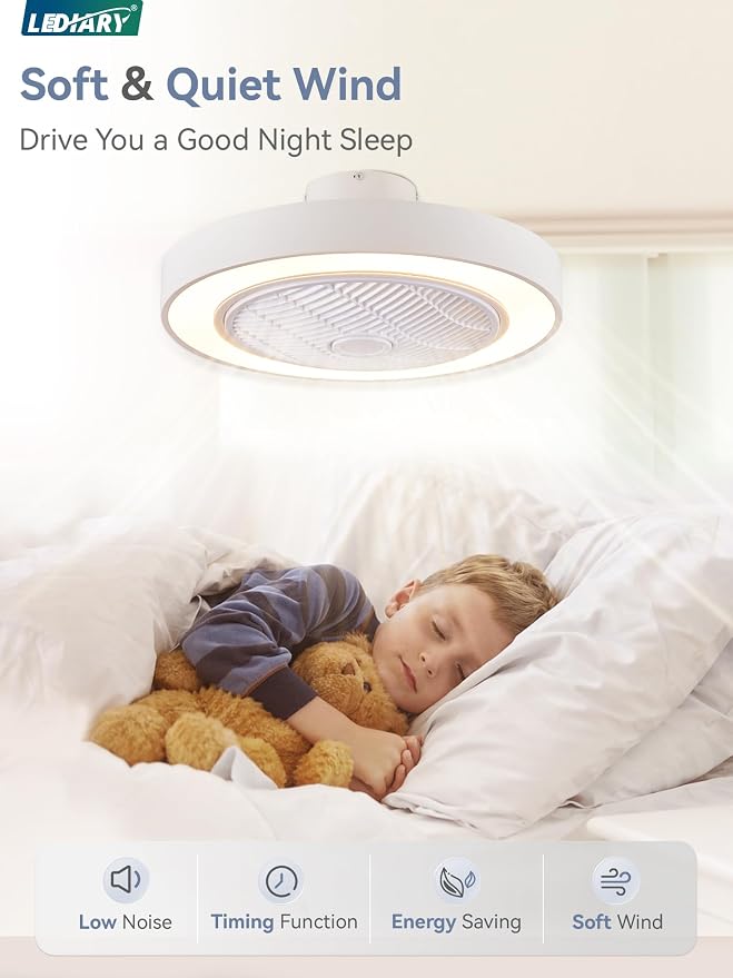 22in Enclosed Ceiling Fan with Light and Remote, White Modern Bladeless Ceiling Fan with Bright Light, Led Flush Mount