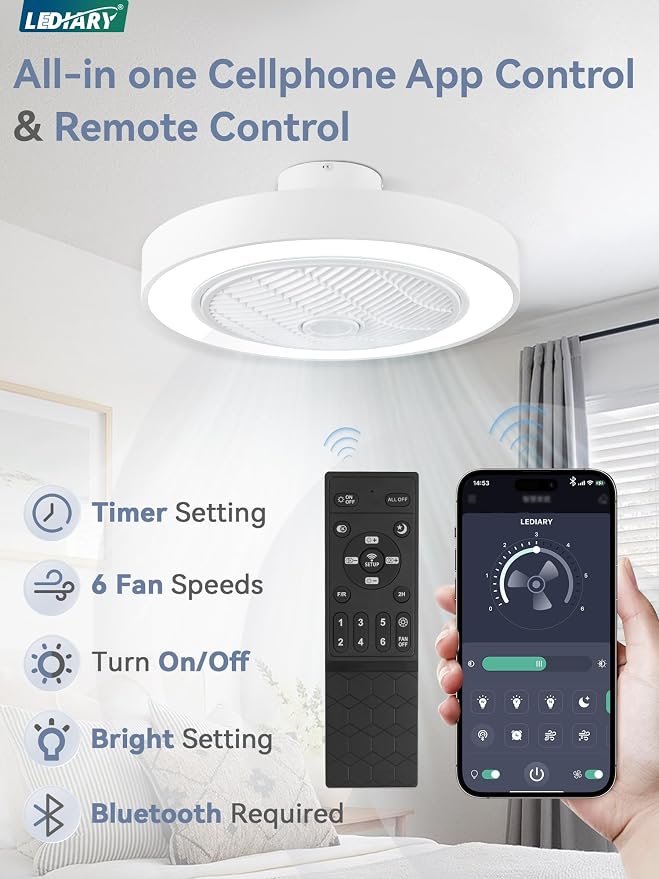 22in Enclosed Ceiling Fan with Light and Remote, White Modern Bladeless Ceiling Fan with Bright Light, Led Flush Mount