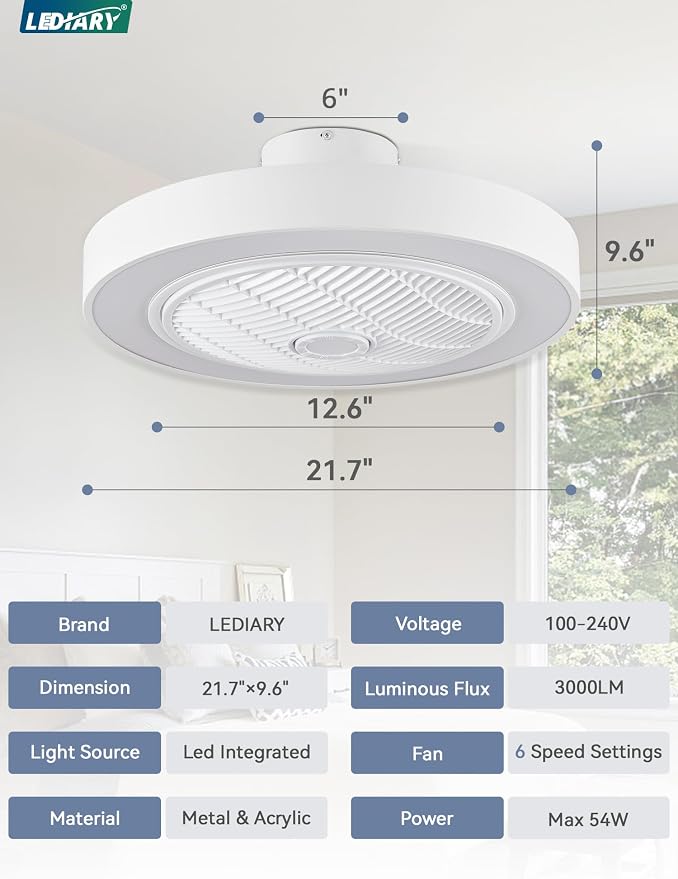22in Enclosed Ceiling Fan with Light and Remote, White Modern Bladeless Ceiling Fan with Bright Light, Led Flush Mount