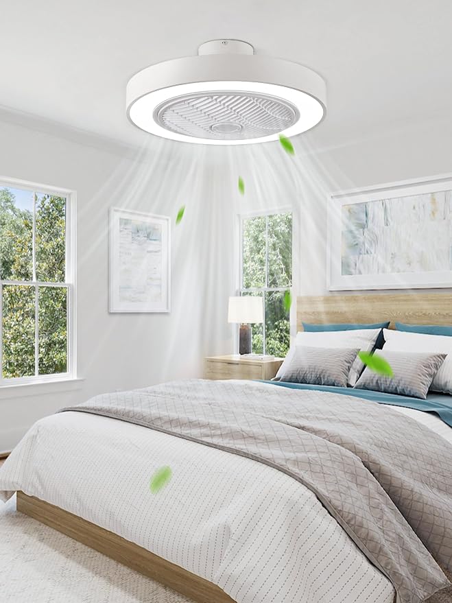 22in Enclosed Ceiling Fan with Light and Remote, White Modern Bladeless Ceiling Fan with Bright Light, Led Flush Mount