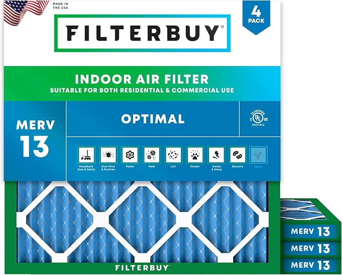 22x22x1 Air Filter MERV 13 Optimal Smoke & Allergy Defense (4-Pack), Electrostatic Pleated HVAC AC Furnace