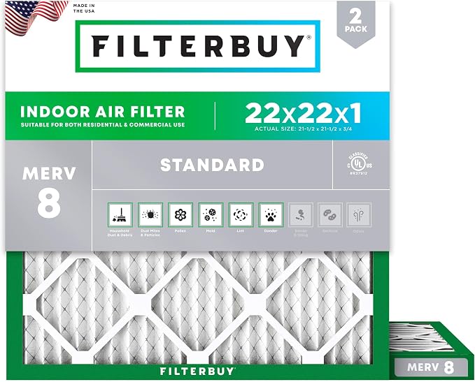 22x22x1 Air Filter MERV 8 Essential Dust & Allergy Defense (2-Pack), Electrostatic Pleated HVAC AC Furnace Filters