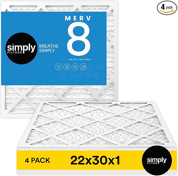 22x30x1 Air Filter, Merv 8, 4 Pack, For Home AC Furnace & HVAC (Actual Size: 21.75"x29.75"x0.75") DUST, Pet, & Allergy