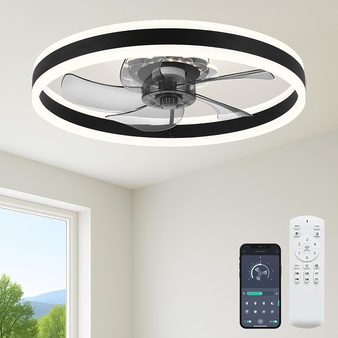 23.6'' Ceiling Fan with Light, Upgraded Low Profile Fan, Flush Mount Ceiling Fan, 6 Speeds, Dimmable LED, App & Remote