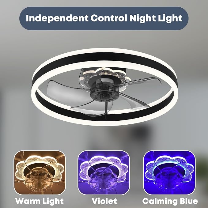 23.6'' Ceiling Fan with Light, Upgraded Low Profile Fan, Flush Mount Ceiling Fan, 6 Speeds, Dimmable LED, App & Remote