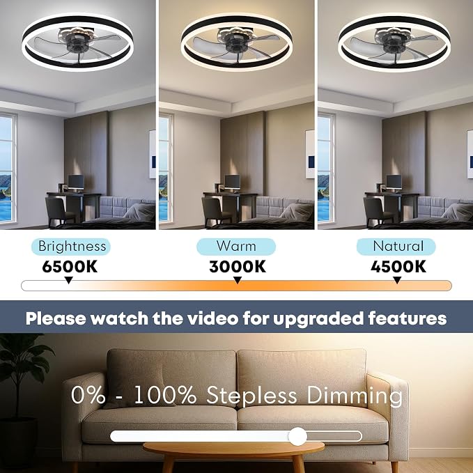 23.6'' Ceiling Fan with Light, Upgraded Low Profile Fan, Flush Mount Ceiling Fan, 6 Speeds, Dimmable LED, App & Remote