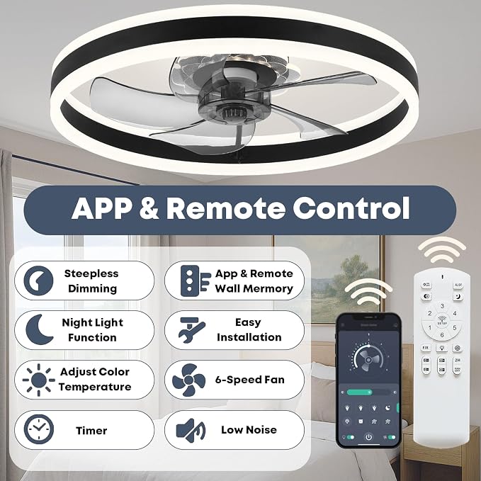 23.6'' Ceiling Fan with Light, Upgraded Low Profile Fan, Flush Mount Ceiling Fan, 6 Speeds, Dimmable LED, App & Remote