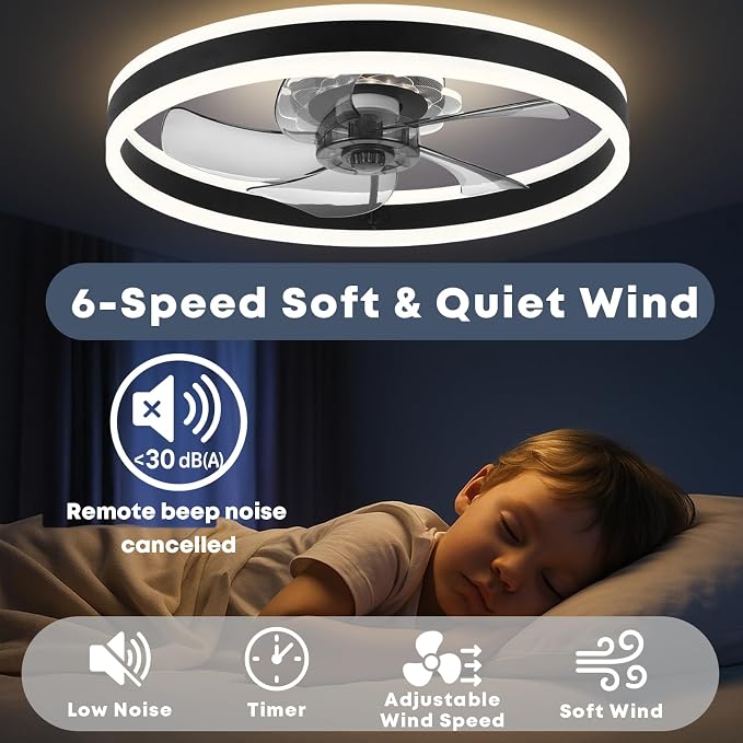 23.6'' Ceiling Fan with Light, Upgraded Low Profile Fan, Flush Mount Ceiling Fan, 6 Speeds, Dimmable LED, App & Remote
