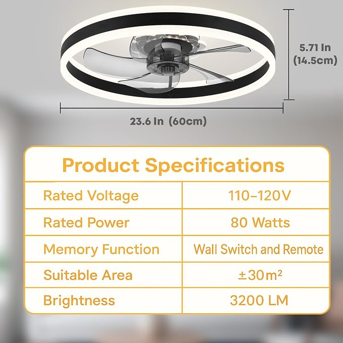 23.6'' Ceiling Fan with Light, Upgraded Low Profile Fan, Flush Mount Ceiling Fan, 6 Speeds, Dimmable LED, App & Remote