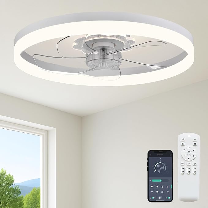 23.6'' Ceiling Fan with Light, Upgraded Low Profile Fan, Flush Mount Ceiling Fan, 6 Speeds, Dimmable LED, App & Remote
