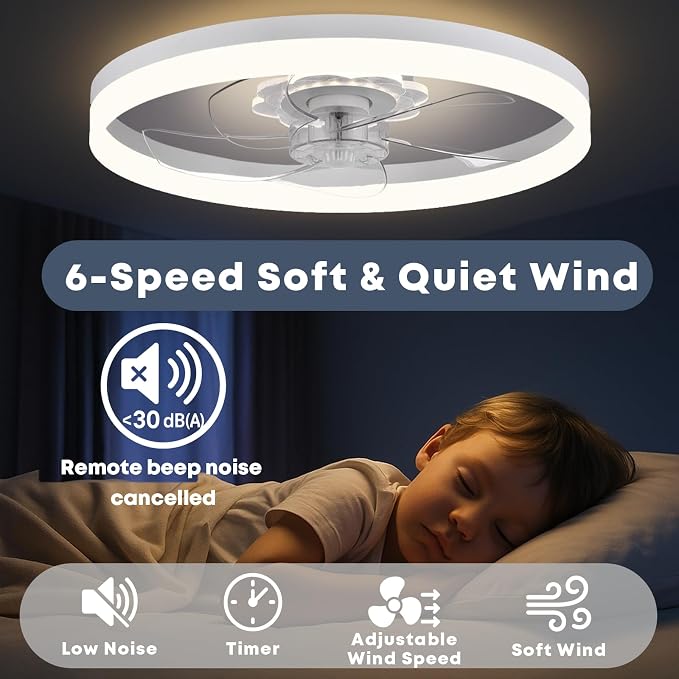 23.6'' Ceiling Fan with Light, Upgraded Low Profile Fan, Flush Mount Ceiling Fan, 6 Speeds, Dimmable LED, App & Remote