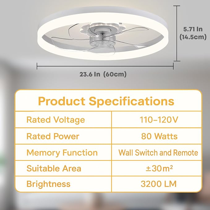 23.6'' Ceiling Fan with Light, Upgraded Low Profile Fan, Flush Mount Ceiling Fan, 6 Speeds, Dimmable LED, App & Remote