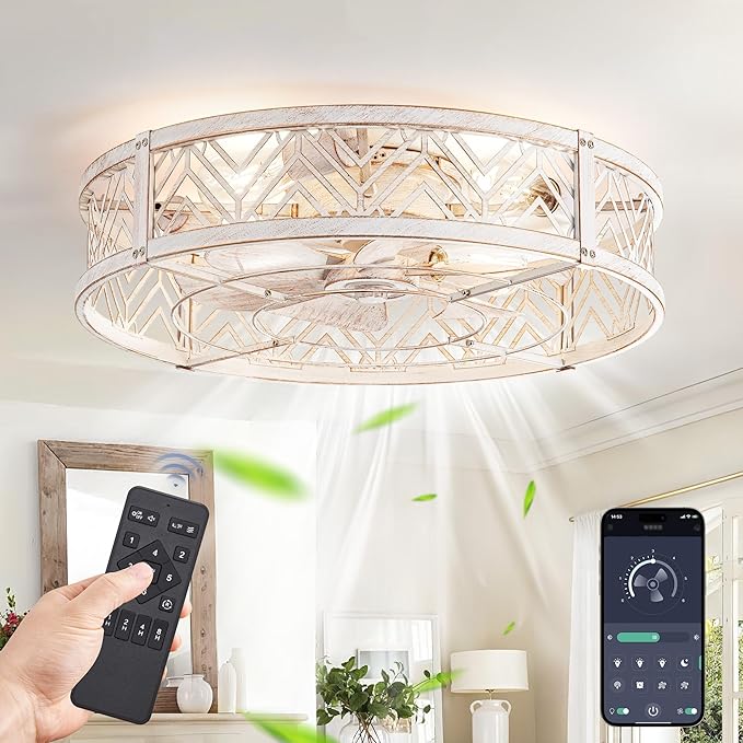 23" Caged Ceiling Fan with Light, Large Flush Mount, App&Remote Control, Low Profile Bladeless Fan Light Fixture 6 Speed