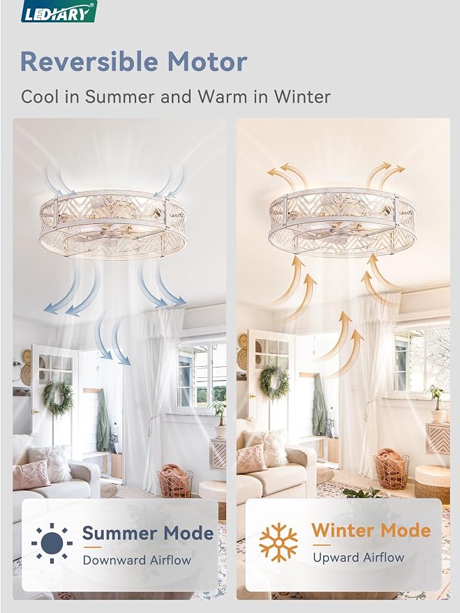 23" Caged Ceiling Fan with Light, Large Flush Mount, App&Remote Control, Low Profile Bladeless Fan Light Fixture 6 Speed