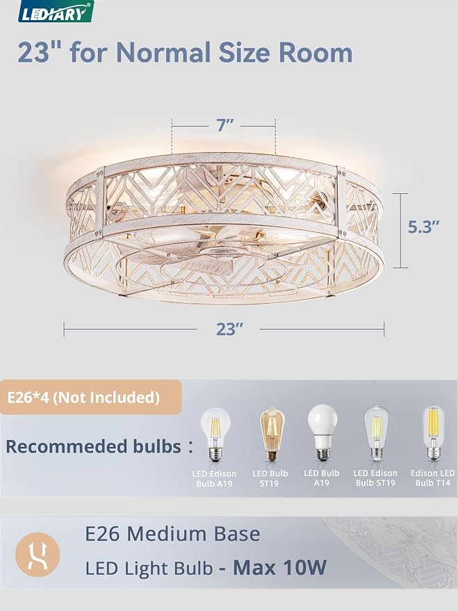 23" Caged Ceiling Fan with Light, Large Flush Mount, App&Remote Control, Low Profile Bladeless Fan Light Fixture 6 Speed