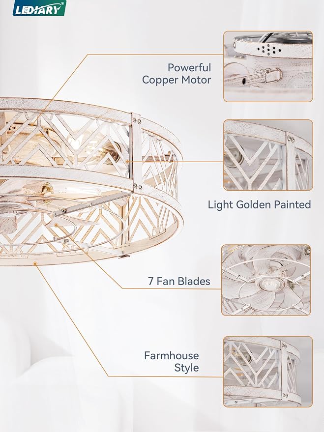 23" Caged Ceiling Fan with Light, Large Flush Mount, App&Remote Control, Low Profile Bladeless Fan Light Fixture 6 Speed