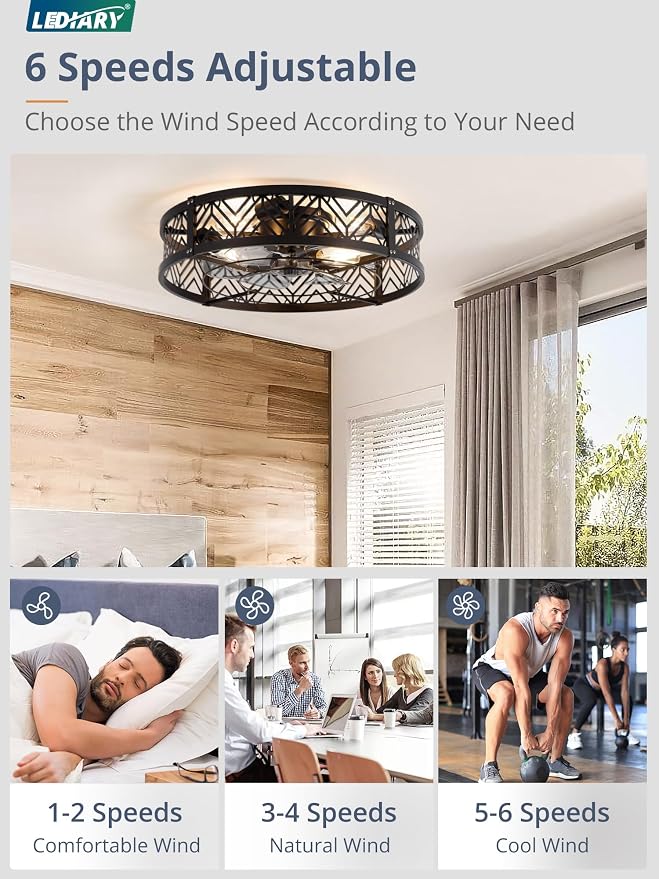23" Caged Ceiling Fan with Light, Large Flush Mount, App&Remote Control, Low Profile Bladeless Fan Light Fixture 6 Speed