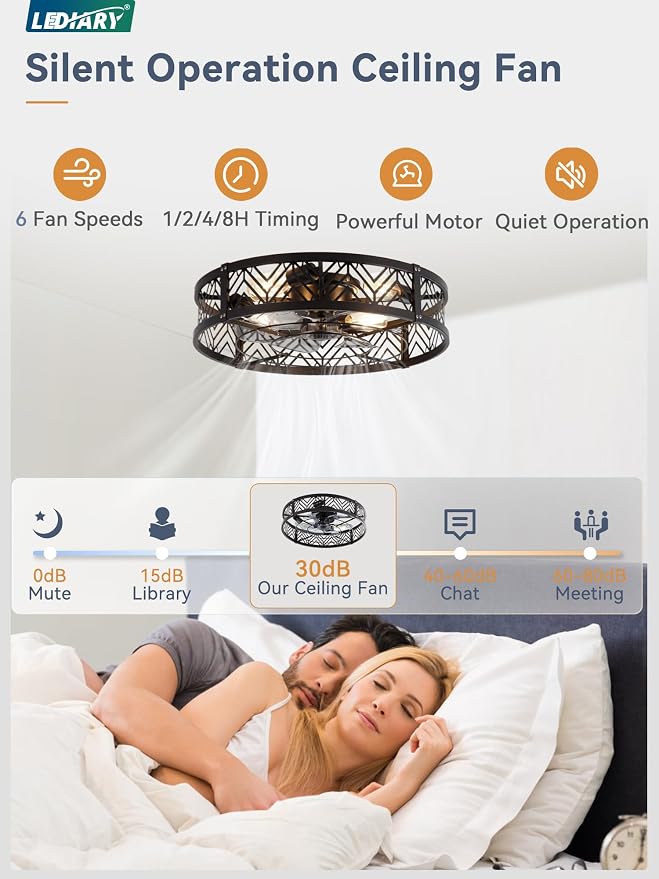 23" Caged Ceiling Fan with Light, Large Flush Mount, App&Remote Control, Low Profile Bladeless Fan Light Fixture 6 Speed
