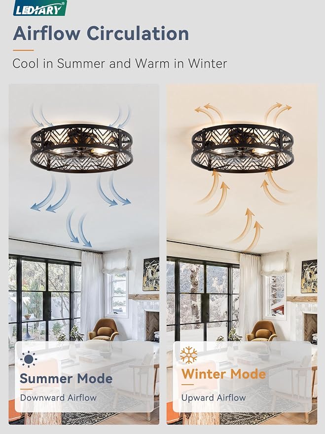 23" Caged Ceiling Fan with Light, Large Flush Mount, App&Remote Control, Low Profile Bladeless Fan Light Fixture 6 Speed