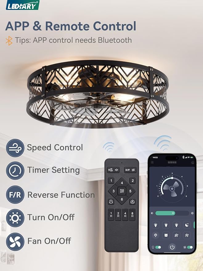 23" Caged Ceiling Fan with Light, Large Flush Mount, App&Remote Control, Low Profile Bladeless Fan Light Fixture 6 Speed