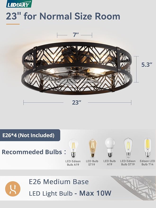 23" Caged Ceiling Fan with Light, Large Flush Mount, App&Remote Control, Low Profile Bladeless Fan Light Fixture 6 Speed