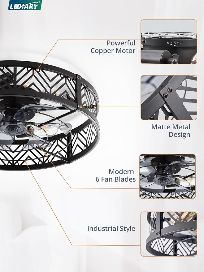 23" Caged Ceiling Fan with Light, Large Flush Mount, App&Remote Control, Low Profile Bladeless Fan Light Fixture 6 Speed