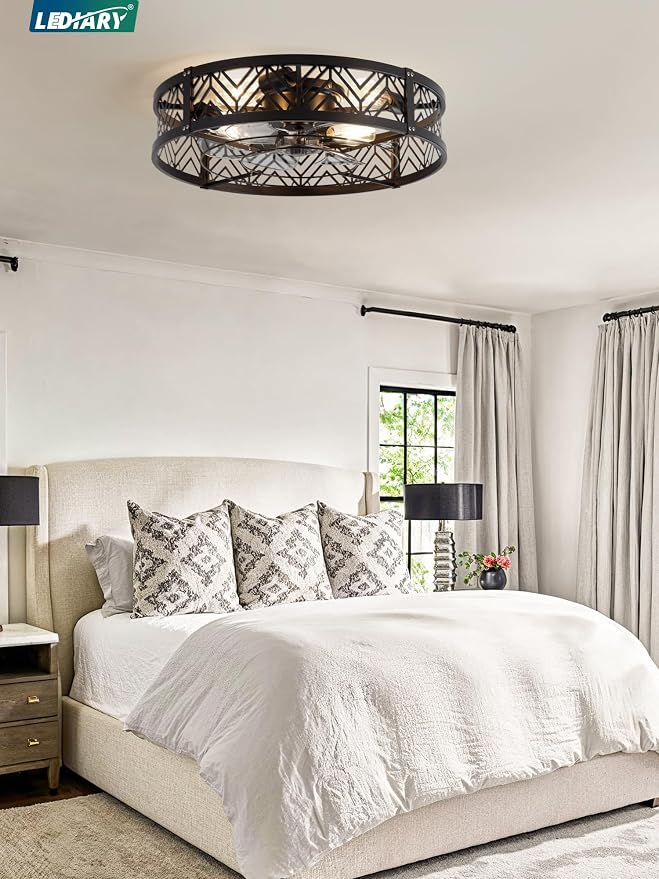 23" Caged Ceiling Fan with Light, Large Flush Mount, App&Remote Control, Low Profile Bladeless Fan Light Fixture 6 Speed