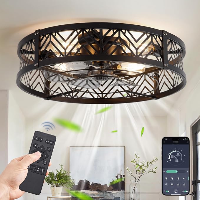 23" Caged Ceiling Fan with Light, Large Flush Mount, App&Remote Control, Low Profile Bladeless Fan Light Fixture 6 Speed