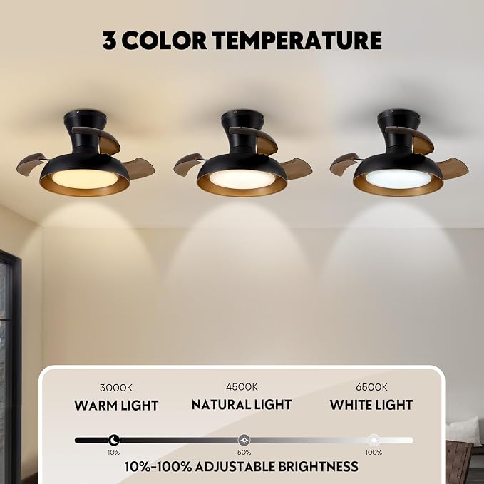23 Inch Black and Gold Ceiling Fan with Light and Brown Retractable Blades Small Led Light Fixture Ceiling Modern Fandelier