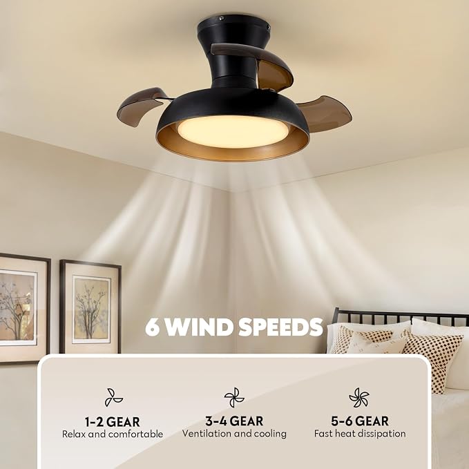 23 Inch Black and Gold Ceiling Fan with Light and Brown Retractable Blades Small Led Light Fixture Ceiling Modern Fandelier