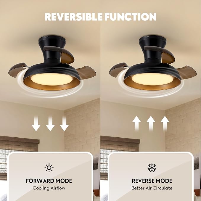23 Inch Black and Gold Ceiling Fan with Light and Brown Retractable Blades Small Led Light Fixture Ceiling Modern Fandelier
