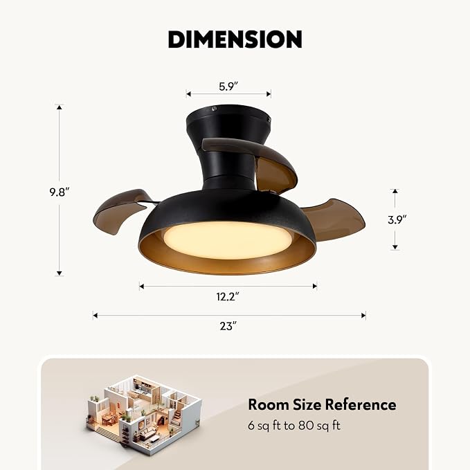 23 Inch Black and Gold Ceiling Fan with Light and Brown Retractable Blades Small Led Light Fixture Ceiling Modern Fandelier