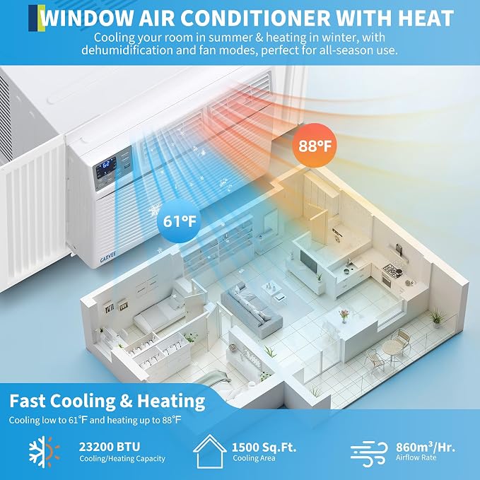 23200 BTU Window Air Conditioner with Heat, Window AC Unit with Heater, Dehumidifier & Fan, Quiet Air Conditioner with