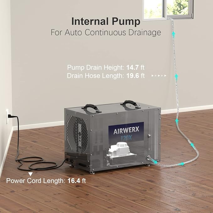 235 Pints Crawl Space Commercial Dehumidifier with Pump, AirWerx120X Dehumidifier Whole Homes, Basements, up to 3,300 sq.
