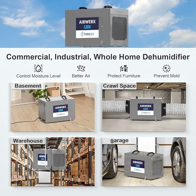 235 Pints Crawl Space Commercial Dehumidifier with Pump, AirWerx120X Dehumidifier Whole Homes, Basements, up to 3,300 sq.