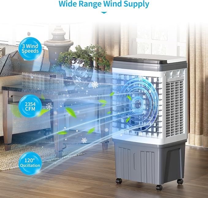 2354CFM 3-in-1 Evaporative Air Cooler, 6.6-Gal Water Tank Portable Swamp Cooler of Cooling, Humidifier& Fan,3 Wind