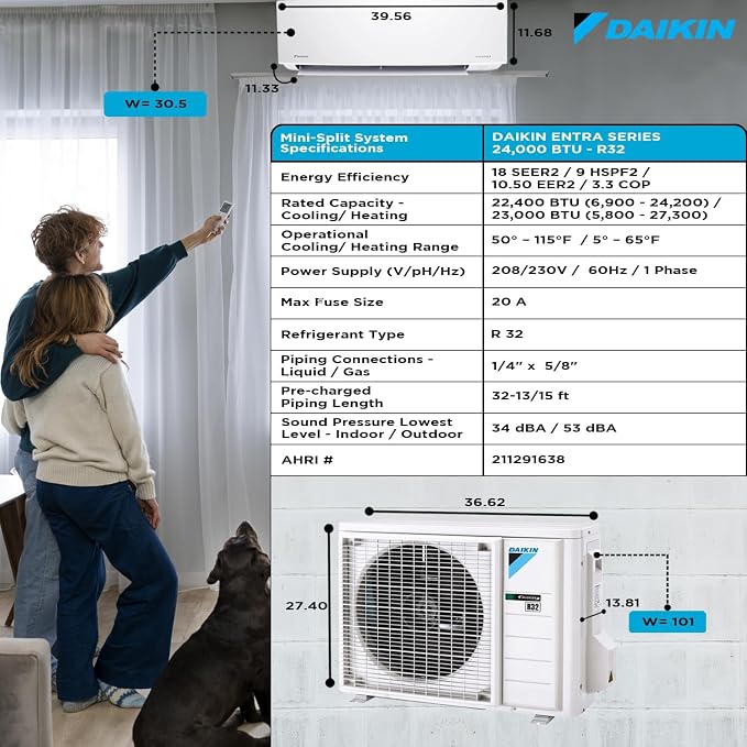 24,000 Btu 18 SEER2 Ductless Mini-Split Wall Mount Heat Pump Air Conditioner - R32 w/ 15' Installation Kit, 1/2 Whip, 30A
