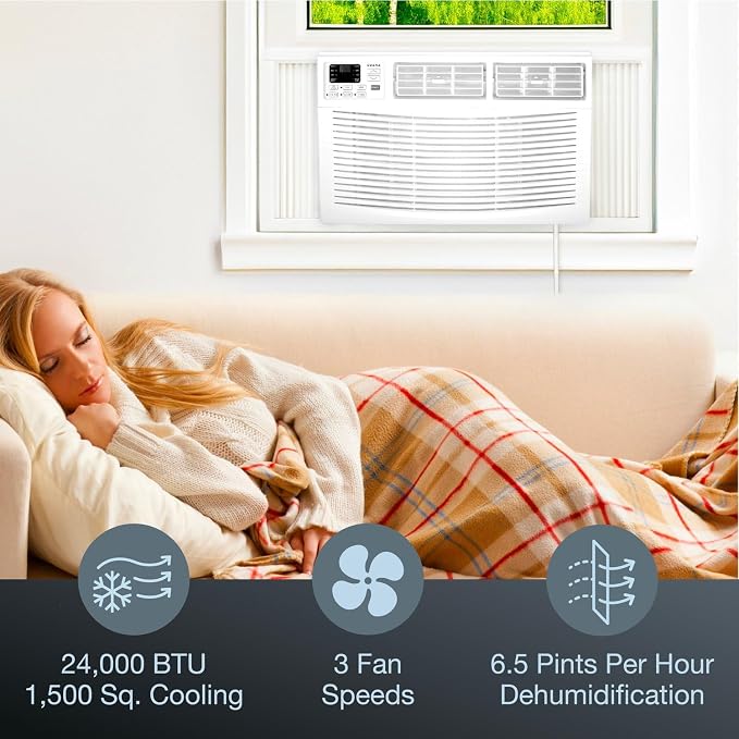 24,000 BTU 230V Window-Mounted Air Conditioner with Remote Control, AC for Rooms up to 1500 Sq.Ft, 24H Timer, 3-Speed